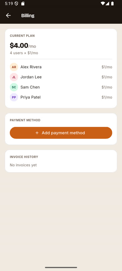 Billing screen with the Add payment method button, no card on file