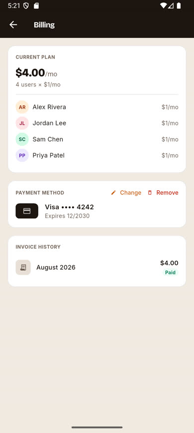 Payment Method card showing Visa card ending 4242 with Change and Remove links