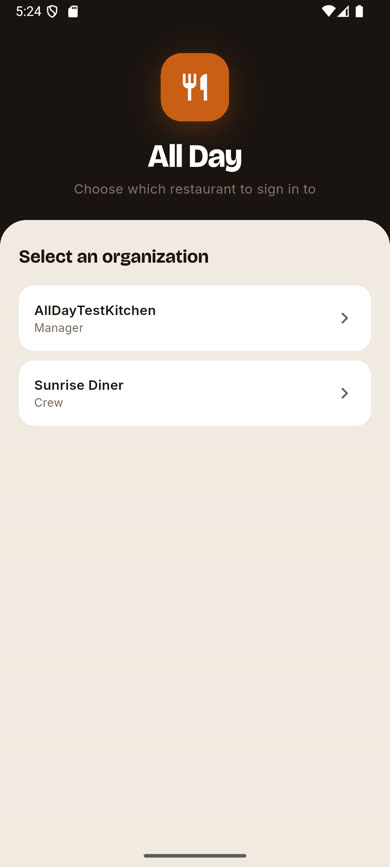 Select an organization screen listing two restaurants with roles