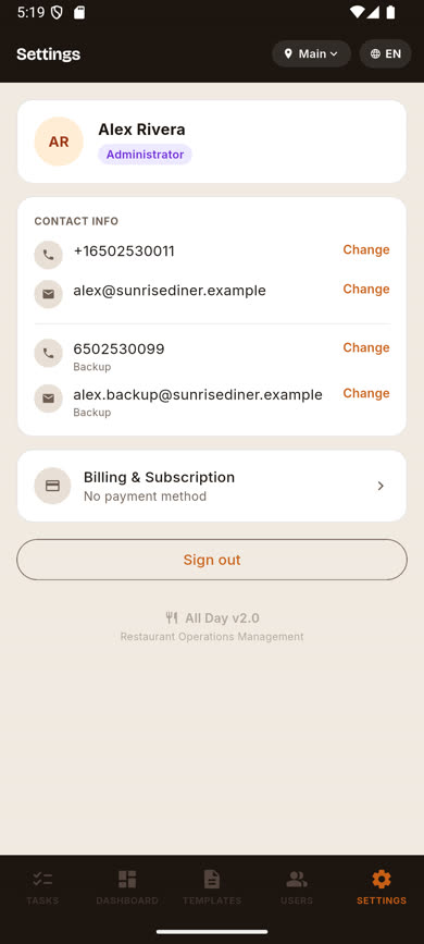Contact info card showing a saved backup email address