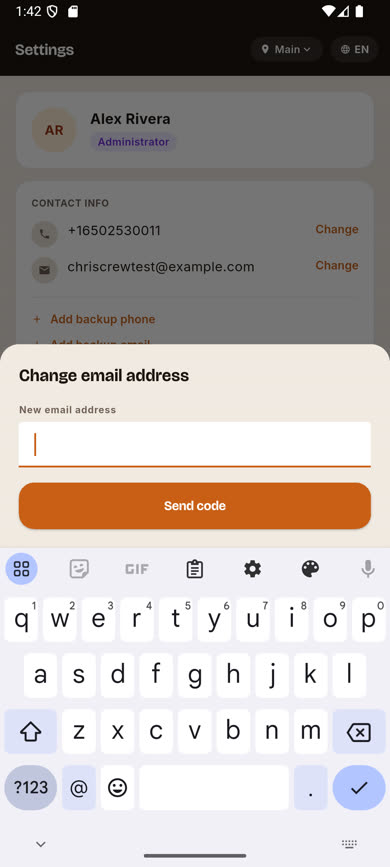 Change email address sheet with a new address field