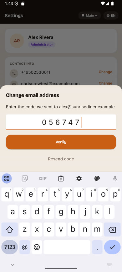 Enter the code sent to the new email address