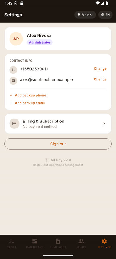 Settings screen showing the updated email address