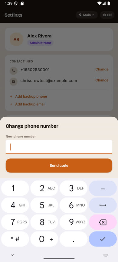 Change phone number sheet with a new number entered