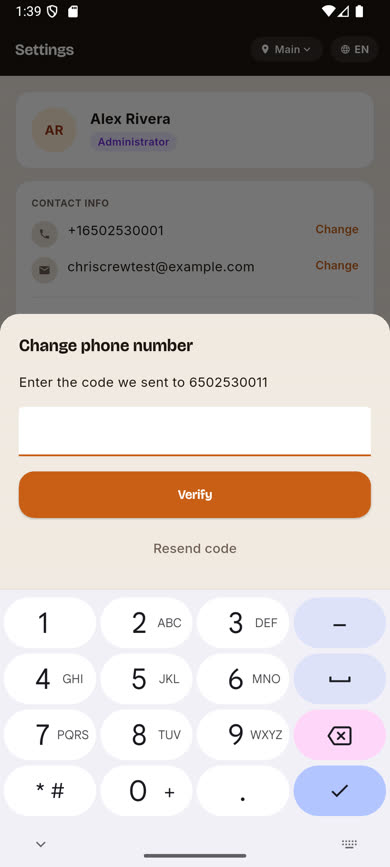 Enter the code sent to the new phone number