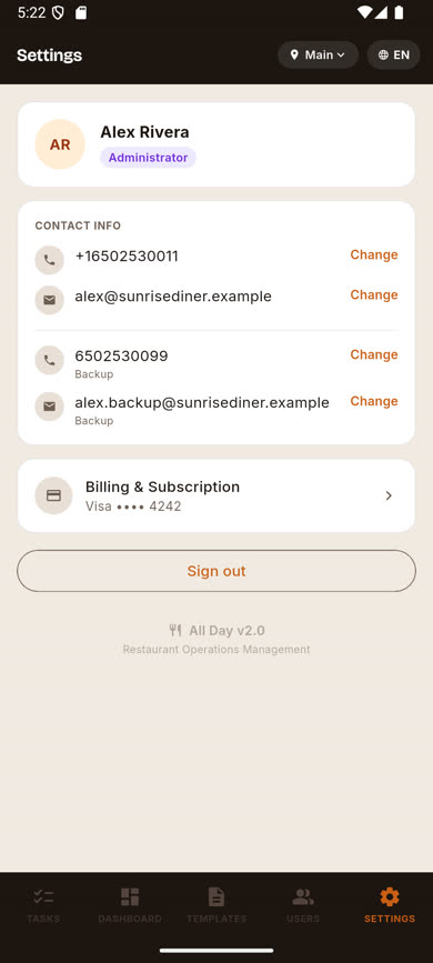 Settings screen showing profile card, contact info, backup contacts, and billing entry