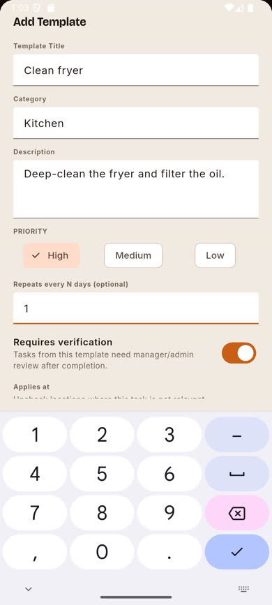 New template form filled in with title, category, priority, and verification toggle on