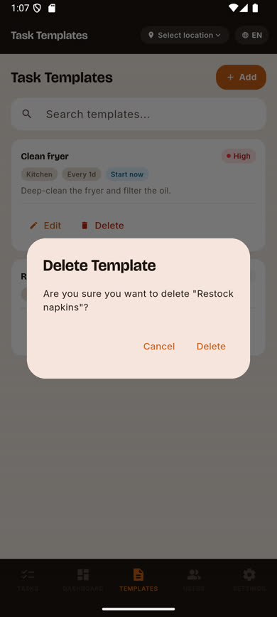 Delete template confirmation dialog
