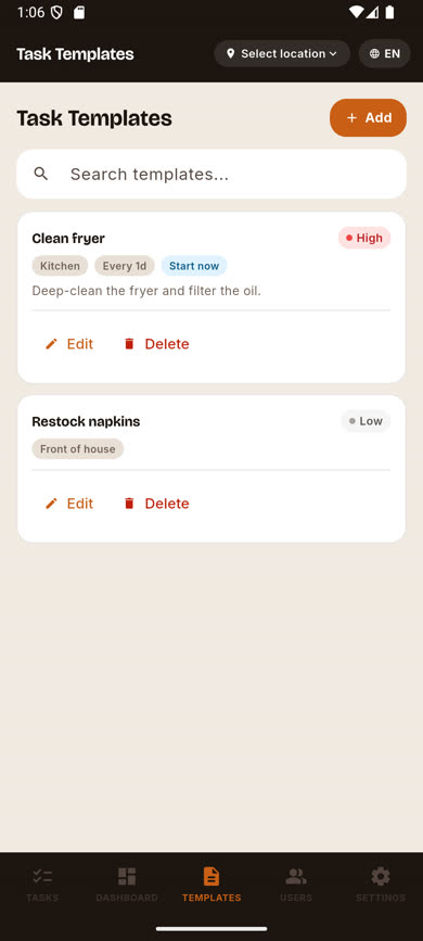 Task Templates list showing two templates with priority badges