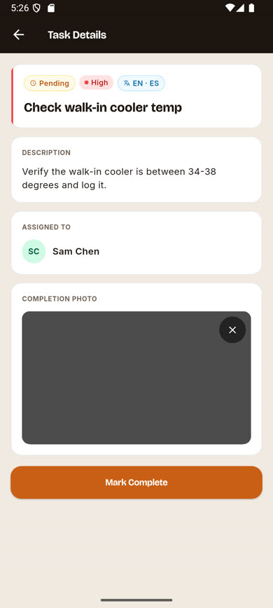 Task detail screen with a completion photo attached and Mark Complete enabled