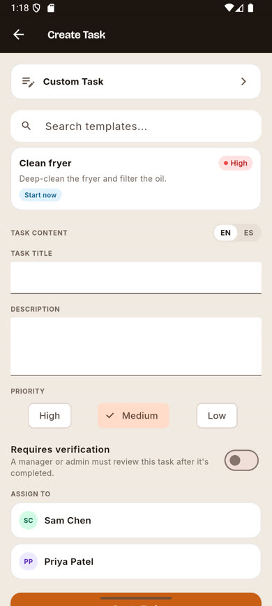Blank Create Task screen with Custom Task selected and crew members listed