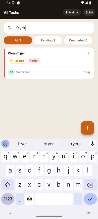 Task list filtered by the search term 