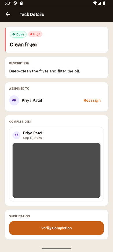 Task detail screen showing a submitted completion and the Verify Completion button