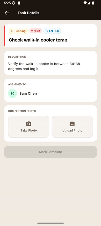 Task Details screen as seen by Crew, with Take Photo and Upload Photo options