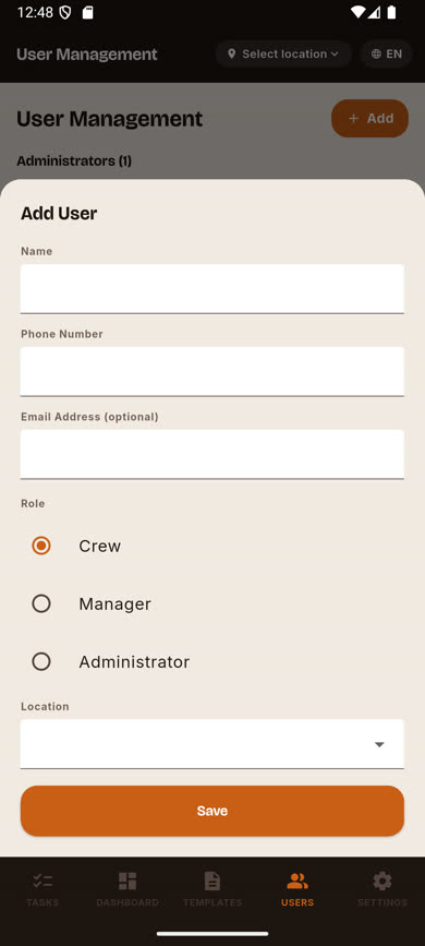 Blank Add User form