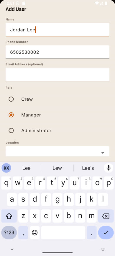Add User form filled in for a new Manager with Location selected