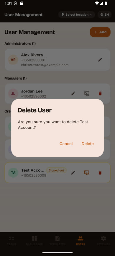 Delete user confirmation dialog