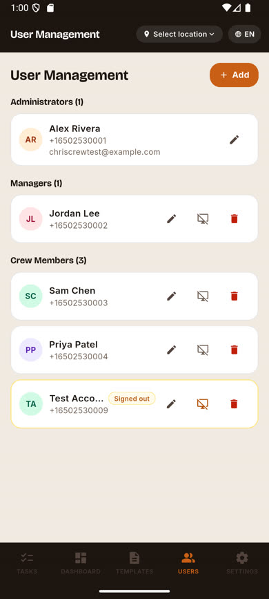 User row showing a 